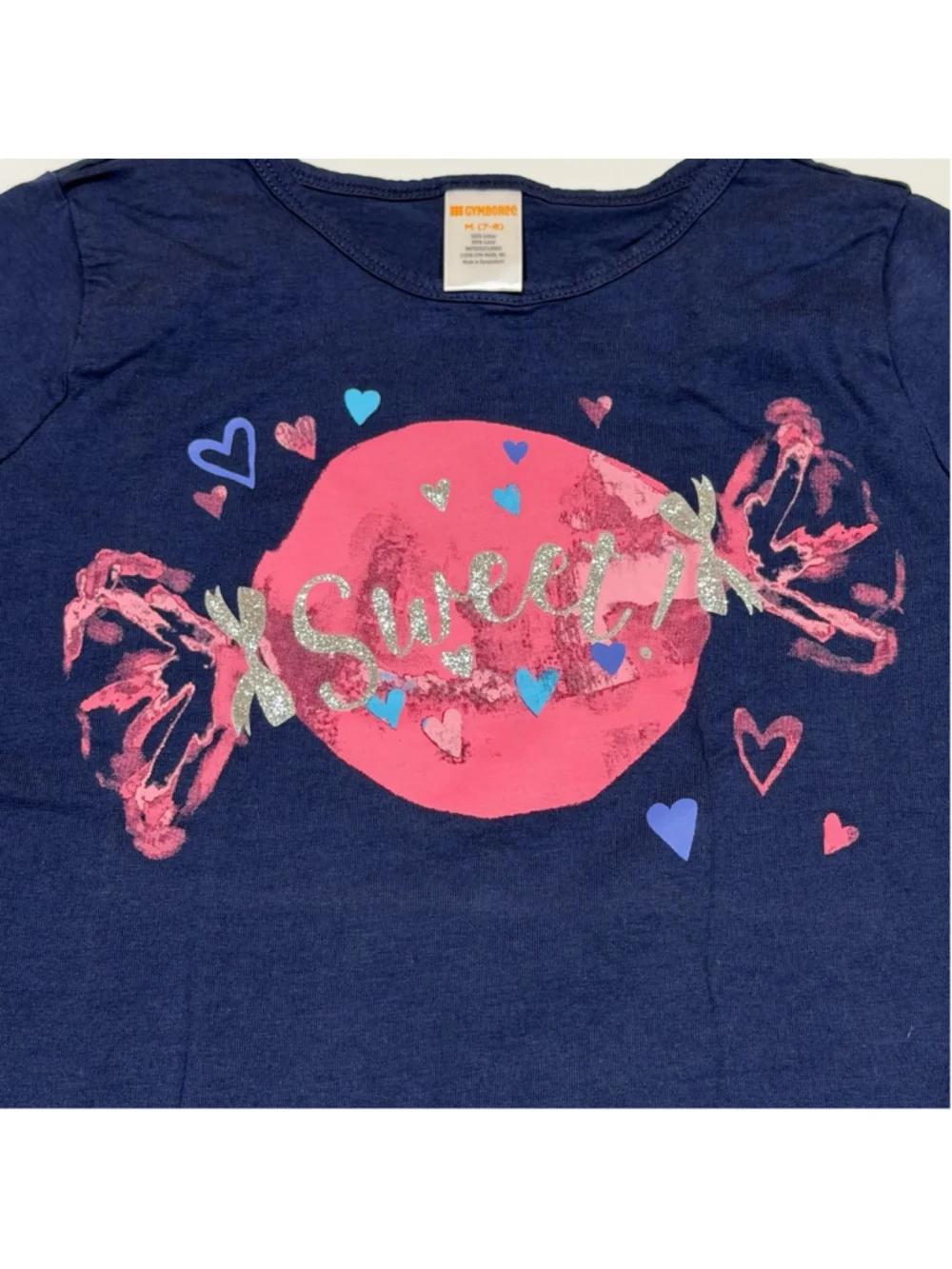 Gymboree Girls Sweet Candy Hearts‎ Graphic T-Shirt Navy Blue Size M 7-8 Glitter